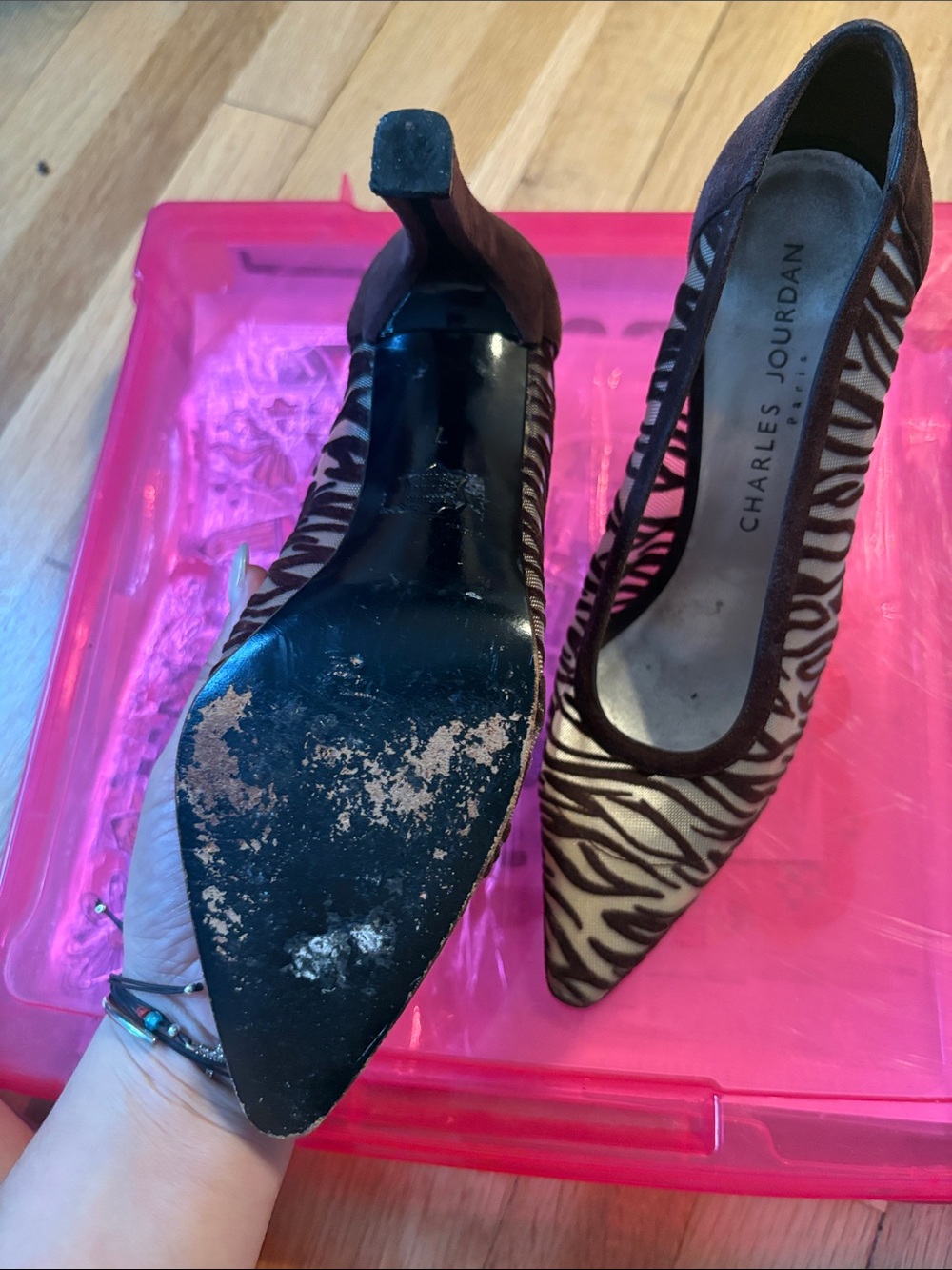 Charles Jourdan Brown and White Zebra-Print Pointed Toe Pumps - Picture 3 of 3
